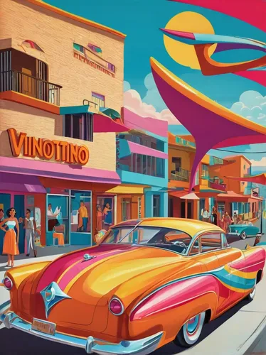 vintage cars,car hop,route66,route 66,retro diner,cadillac de ville series,hudson hornet,tail fins,buick super,fifties,colorful city,60s,ventura,retro vehicle,hotrods,retro car,vintage art,continental,buick y-job,retro automobile,Illustration,Retro,Retro 12