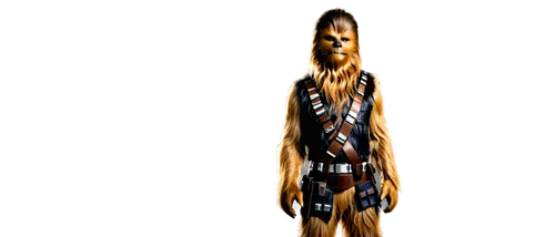 Chewbacca, Wookiee, furry, standing, leaning forward, hands on hips, bandolier, utility belt, rugged texture, shaggy hair, sharp teeth, expressive eyes, intense gaze, warm lighting, cinematic composit