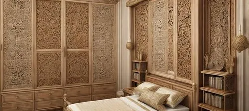 Luxury bedroom, president suit.,armoire,patterned wood decoration,wooden door,room divider,hinged doors,celsus library,cabinetry,interior decoration,bookshelves,interior decor,walk-in closet,door trim