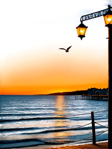 Seaside pier, sunset, Pexels Bay sign, wooden planks, ropes, lanterns, seagulls flying overhead, calm waves, sailboats in distance, warm golden lighting, 3/4 composition, shallow depth of field, soft 