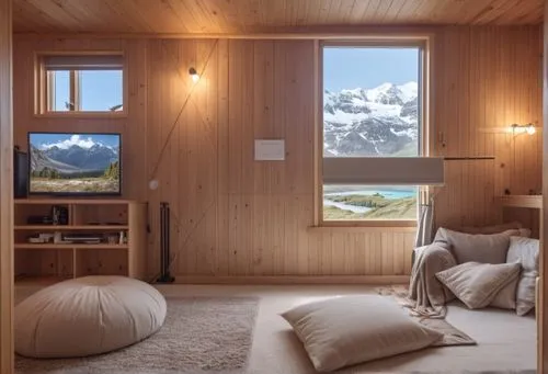 a room has wood walls and floors with tvs,mountain hut,small cabin,the cabin in the mountains,alpine hut,inverted cottage,monte rosa hut,Photography,General,Realistic