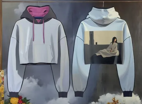 create a theme based on the painting in the garment. which is women empowerment ,two hoodies and flowers sit on display with a painting of a woman in the clouds,hoodies,sweatsuits,hoodie,tracksuits,sw