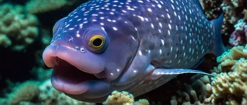 Blobfish, smiling, cute facial expression, big round eyes, blue skin, white belly, puffy cheeks, soft focus, shallow depth of field, ocean floor, coral reefs, seaweed, school of small fish swimming in