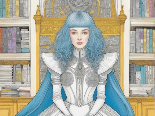 the snow queen,priestess,fantasy portrait,sci fiction illustration,winterblueher,throne,queen cage,book illustration,ice queen,morbier,joan of arc,violet head elf,libra,blue enchantress,elven,suit of the snow maiden,mazarine blue,frame illustration,goddess of justice,fantasy woman,Illustration,Black and White,Black and White 13