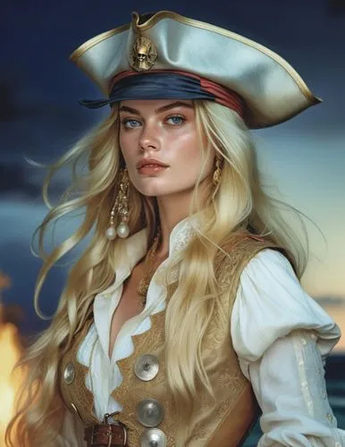 a woman wearing a pirate hat, charlie bowater character art, treasure island, it is the captain of a crew, black and white coloring, drawn in the style of mark arian, portrait of margot robbie, unused