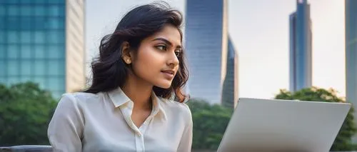 Modern Indian woman, 25yo, stylish hair, subtle makeup, elegant blouse, formal trousers, sitting, laptop, online course interface, architectural software, Indian cityscape background, skyscraper, glas