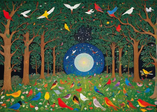 forest of dreams,fairy forest,spring equinox,shirakami-sanchi,enchanted forest,blue birds and blossom,orchard,tree grove,fairy world,bird painting,moths and butterflies,birds singing,nocturnal bird,night bird,bird kingdom,hanging moon,songbirds,orchard meadow,carol colman,wondertree,Conceptual Art,Daily,Daily 26