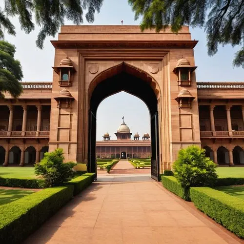 Rashtrapati Bhavan, Indian presidential residence, grandiose architectural design, majestic entrance gate, intricately carved sandstone walls, ornate pillars, beautifully landscaped gardens, lush gree