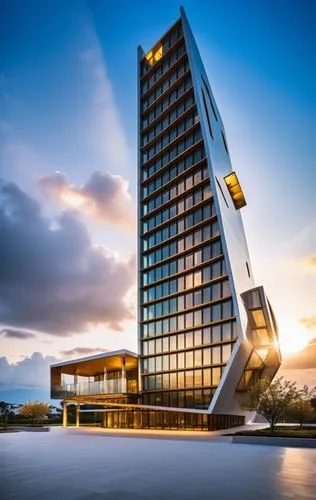 golden hour, tropical landscape, colorful cloudy sky,a tall skyscr has a modern structure on it,hotel barcelona city and coast,largest hotel in dubai,vdara,escala,hotel w barcelona,harpa,Photography,G