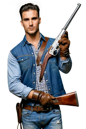 Hand holding shotgun, male, rugged, worn leather gloves, weathered skin, intense facial expression, dark eyebrows, strong jawline, plaid shirt, denim pants, brown boots, cocking mechanism, metallic so