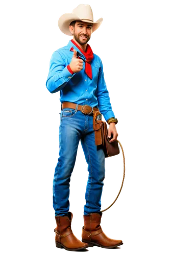 Cartoon style, Texas theme, cowboy hat, blue jeans, belt buckle, boots, lasso rope, solo, 3/4 composition, vibrant colors, exaggerated facial expression, dynamic pose, comedic scene, warm lighting, sh