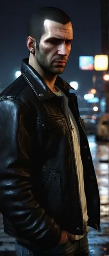 Niko Bellic, GTA IV character, Eastern European features, stern expression, rugged skin texture, short brown hair, stubble, sharp jawline, piercing blue eyes, silver earrings, black leather jacket, wh