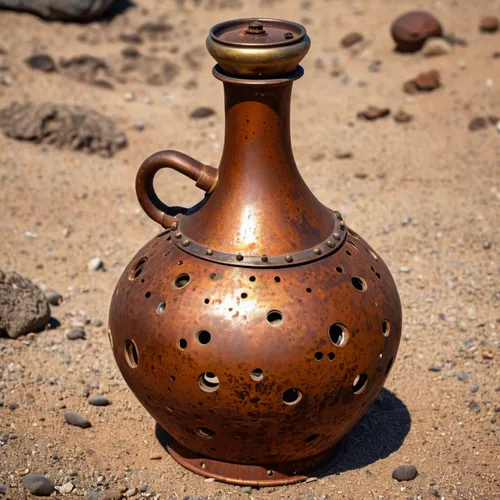 genie bottle made of ((rust metal)) with golden cap, many rusted holes,,amphora,clay jug,two-handled clay pot,flagon,clay jugs,clay pot,copper vase,earthenware,jug,cooking pot,androsace rattling pot,t