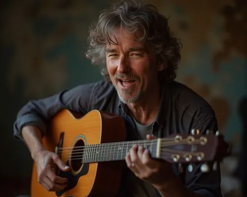 David gates with acoustic guitar,a man smiles while playing a guitar,jansch,westerberg,gaiman,voormann,sloan,mcglashan,Photography,General,Realistic