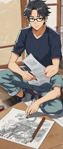 Takahiro Takao, Beyblade creator, male, 40s, bespectacled, short black hair, casual wear, white shirt, dark blue jeans, sneakers, sitting, desk, papers, pencils, laptop, Japanese style room, Tatami ma