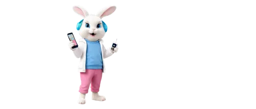 Cute rabbit, holding MP3 player, wearing headphones, blue eyes, fluffy white fur, pink nose, standing on hind legs, gentle smile, casual pose, pastel color tone, soft focus, warm lighting, 3/4 composi