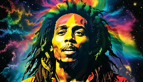 Bob Marley im Psychedelischen Style wobei sich Bob Marley auflöst in lauter kleine Fragmente und Parttikel die vom Wind verblasen werden, seine Haare verflüssigen sich und verlaufen mit dem Hintergrun