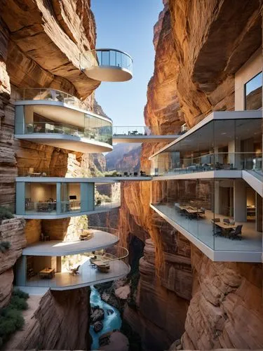 A series of office spaces suspended from the walls of a massive canyon, with transparent floors and walls offering dramatic views of the canyon below. The design incorporates natural stone and glass, 