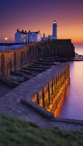 Daybreak over Whitby East Pier and lighthouse, North Yorkshire, England, United Kingdom, Europe,whitby,tynemouth,northern ireland,old pier,quay wall,princes pier,the old breakwater,breakwater,red ligh