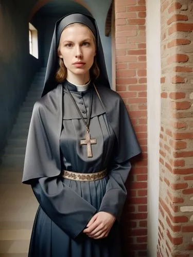 Hildegard, the day before her consecration as a nun in the idyllic monastery of Bingen, with a thoughtful look on her face as she prepares for the next step on her spiritual path.,a woman dressed in g