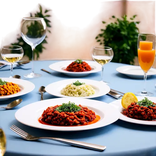 Delicious food, catering service, various dishes, round table setting, elegant tablecloth, fine china, crystal glasses, silverware, warm lighting, shallow depth of field, 3/4 composition, soft focus b