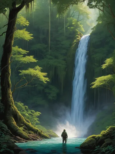 Amidst a dense forest, the airborne Lindon stumbled upon a hidden waterfall, its enchanting mist swirling around him.,green waterfall,waterfall,world digital painting,cartoon video game background,lan