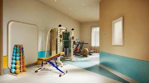 Gym room with playful color, Wood color gym machine,mudroom,beauty room,boy's room picture,children's bedroom,gymnastics room,the little girl's room,kids room,children's room,children's interior,dress