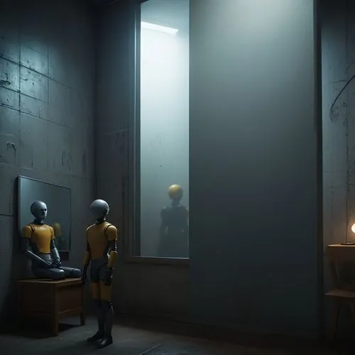 recreate this crash test dummy in the same position, the dummy is looking into a mirror and seeing its reflection,two robots sitting at the edge of a room,penumbra,prisoners,inmate,confinement,alchema