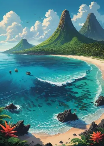 tropical sea,lanikai,hawai,ocean paradise,an island far away landscape,beach landscape,tropical beach,oahu,polynesia,mountain beach,hawaii,coastal landscape,tahiti,kailua,ocean background,tropical island,molokai,hualalai,moana,fiji,Conceptual Art,Fantasy,Fantasy 32