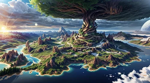 mushroom island,floating islands,floating island,mushroom landscape,fantasy landscape,an island far away landscape,tree of life,mother earth,fractal environment,terraforming,the island,the earth,uninhabited island,flying island,magic tree,3d fantasy,celtic tree,world digital painting,flourishing tree,islands