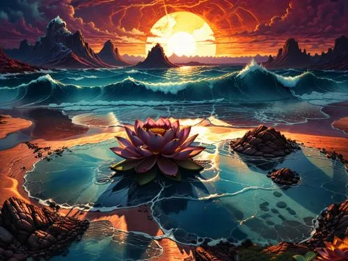 mesmerizing lotus,the water lily is in a pond with a pink flower,flower in sunset,majora,water lotus,beautiful wallpaper,landscape rose,flowerful desert,Illustration,Realistic Fantasy,Realistic Fantas