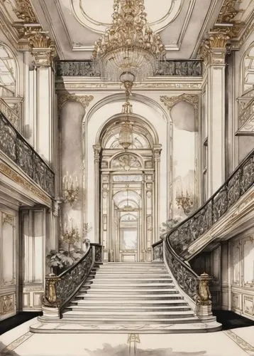 versailles,marble palace,staircase,palladianism,neoclassical,baroque,ritzau,opulence,cochere,europe palace,rosenkavalier,baccarat,rococo,opulently,palatial,luxury decay,grandeur,royal interior,versaille,ornate room,Illustration,Paper based,Paper Based 30