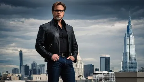 Middle-aged, male, architectural designer, MrH Design Studio, Michael Roy Hampton, standing, confident posture, glasses, short brown hair, trimmed beard, black leather jacket, white dress shirt, dark 