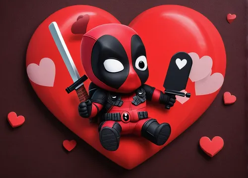 Produce a cute and adorable cartoon version of Deadpool with a heart-shaped background.,deadpool,valentines day background,dead pool,valentine background,heart background,heart icon,heart clipart,happ