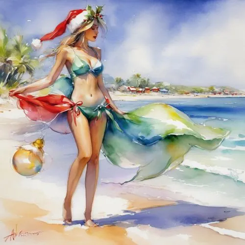 christmas on beach,watercolor mermaid,santa claus at beach,beach background,beachwear,watercolor pin up,janna,water colors,riven,watercolor,tiki,amphitrite,summer background,water color,beach scenery,the sea maid,watercolor painting,hawaiiana,dream beach,hoenn,Illustration,Paper based,Paper Based 11