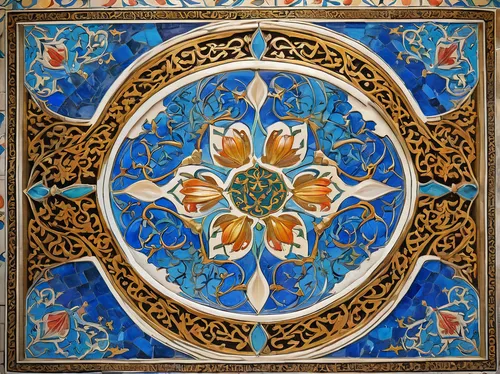 motifs of blue stars,spanish tile,mosaic glass,islamic pattern,decorative plate,wall panel,ceramic tile,panel,quatrefoil,floral ornament,art nouveau frame,tile,art nouveau design,decorative frame,khamsa,circular ornament,stained glass window,stained glass,mosaic,wall plate,Illustration,Realistic Fantasy,Realistic Fantasy 43