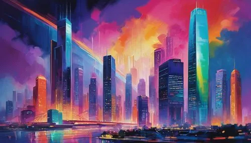 colorful city,cityscape,guangzhou,futuristic landscape,cybercity,fantasy city,skyscrapers,world digital painting,hypermodern,dubia,metropolis,dubai,cyberport,skyscraper,colorful light,city skyline,shanghai,kinkade,ctbuh,the skyscraper,Conceptual Art,Oil color,Oil Color 25