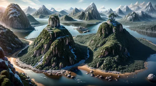 mountainous landforms,floating islands,fantasy landscape,an island far away landscape,futuristic landscape,mountainous landscape,karst landscape,terraforming,artificial islands,artificial island,mountain world,imperial shores,giant mountains,aerial landscape,islands,virtual landscape,lavezzi isles,coastal and oceanic landforms,mushroom island,island of juist