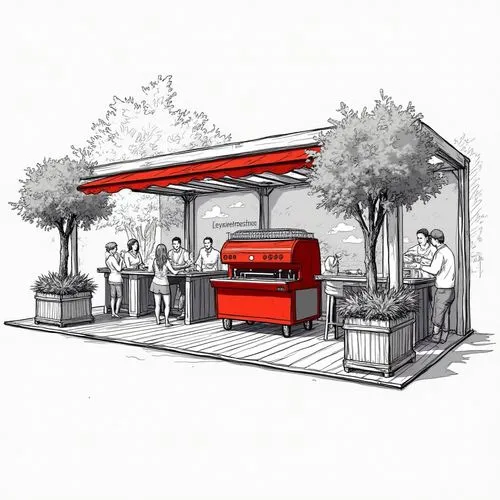 A highly detailed, black and white sketch trade show booth design inspired by the rural Italian lifestyle that is 20 feet long and 10 feet wide with a red La Marzocco espresso machine, large potted ol