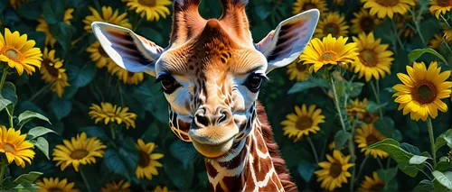 giraffe,flower animal,giraffes,giraffidae,giraffe head,two giraffes,whimsical animals,giraffe plush toy,in the tall grass,savanna,animal portrait,flower nectar,flower painting,wildlife,fawn,flower background,fauna,cute animal,creeping animal,cute animals,Photography,General,Fantasy