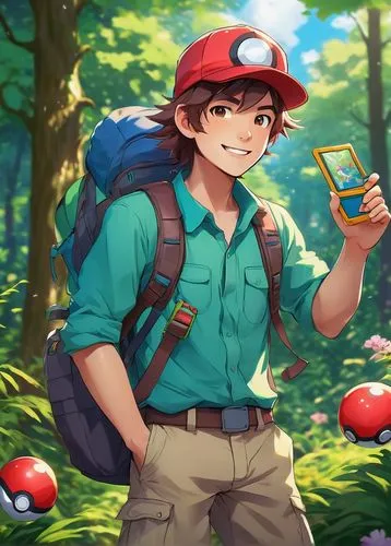 Young adult male or female Pokémon trainer, casual wear, blue or red hat, messy brown hair, bright curious eyes, smiling face, holding a Pokédex, wearing a backpack, standing in a lush green forest, s