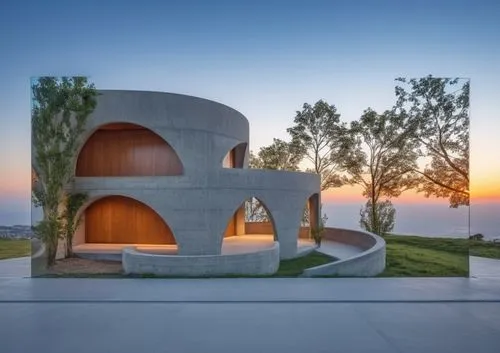 A house made of concrete with wooden sliding doors that has pattern.,pizza oven,superadobe,cubic house,stone oven,dunes house,cube stilt houses,stone oven pizza,cube house,futuristic architecture,mode