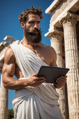 muscular man, Greek god, architect, white toga, laurel wreath, beard, mustache, holding a large tablet, pencil behind ear, standing in front of a grand ancient Greek temple, Corinthian columns, intric