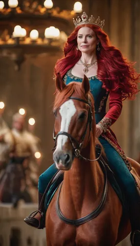 Grand political iconography of a queen with red hair riding a reined in rearing red stallion，cinematic film still, shallow depth of field, vignette, highly detailed, high budget, bokeh, cinemascope, m