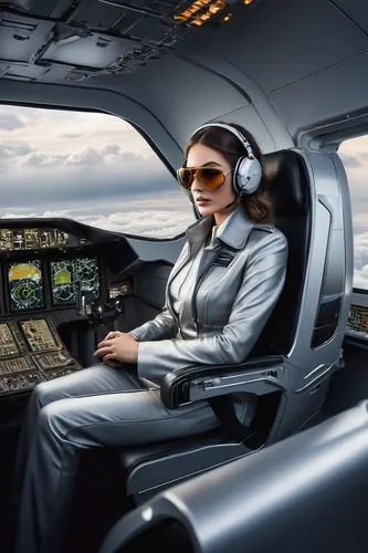 Futuristic aircraft, sleek design, metallic silver body, curved wings, cockpit with glass canopy, pilot in uniform, aviator sunglasses, headphones, complex control panel, leather seat, oxygen mask, fu