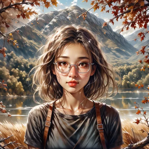 world digital painting,fantasy portrait,mystical portrait of a girl,autumn background,autumn icon,portrait background,girl portrait,digital painting,round autumn frame,landscape background,romantic portrait,mountain guide,autumn theme,girl with tree,reading glasses,autumn frame,in the autumn,artist portrait,illustrator,digital art