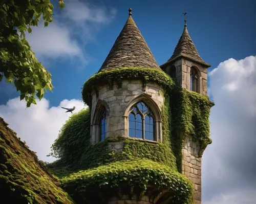 fairytale castle,fairy tale castle,fairy chimney,witch's house,church tower,edensor,rapunzel,church towers,stone tower,little church,chateaux,steepled,gothic church,chateau,medieval castle,moss landscape,cotswolds,fairy house,fairy tale castle sigmaringen,sunken church,Art,Classical Oil Painting,Classical Oil Painting 38