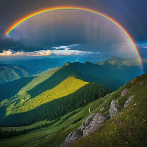 Capture the beauty of a double rainbow over a serene mountain landscape.,rainbow background,double rainbow,rainbow bridge,rainbow,raimbow,pot of gold background,rainbow colors,rainbow and stars,moonbo