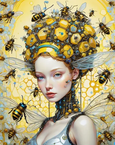 Imagine a futuristic world where robotic bees produce jars of honey with healing properties.,swarm of bees,beekeeper,bee,drone bee,honeybee,bees,pollinate,bee colony,bee hive,beehive,bee farm,honey be