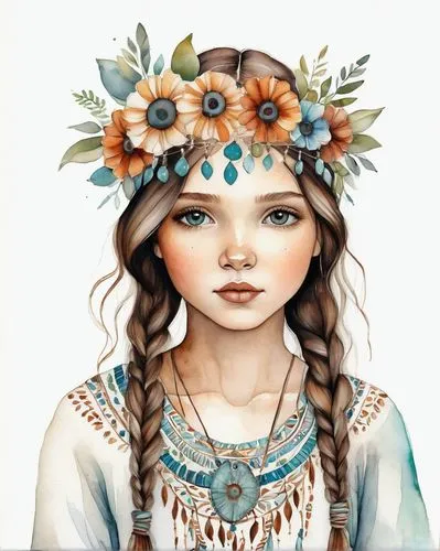 boho art,boho,girl in a wreath,feather headdress,headdress,indian headdress,watercolor women accessory,boho background,bohemian,jessamine,pocahontas,watercolor wreath,flower crown,mystical portrait of a girl,gypsy soul,native american,cherokee,american indian,floral wreath,forget-me-not,Conceptual Art,Daily,Daily 34